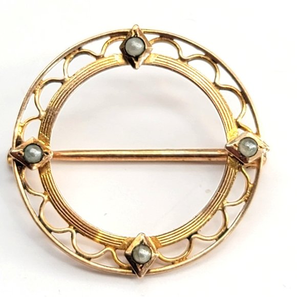 Antique Krementz 10k Gold Pin Brooch Round Seed Pearl Scalloped Double Lattice C - Picture 2 of 6